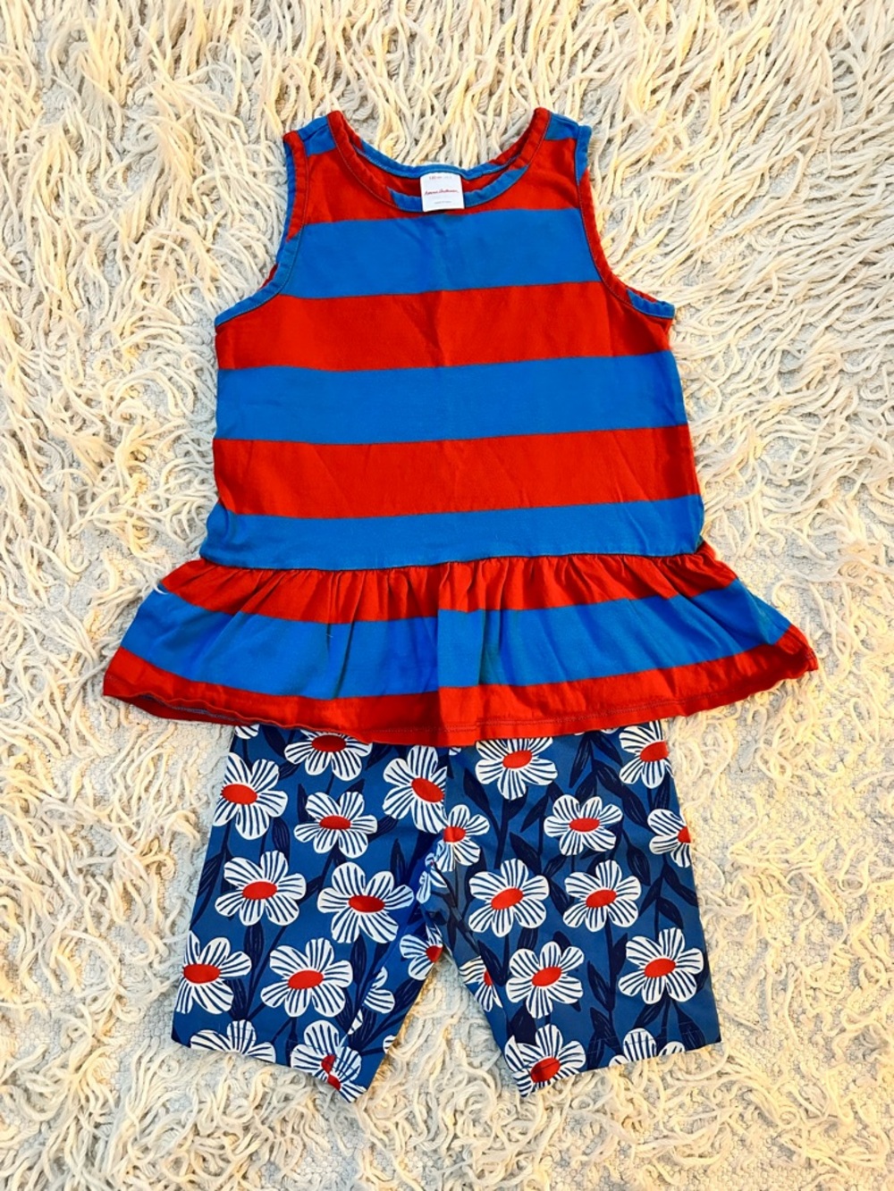 Hanna Andersson Red/Blue Striped Peplum Top and Daisy Biker Shorts | Girls 8 ♥️💙